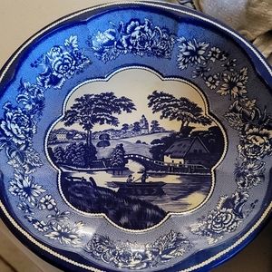 Vintage English Daher Metal Blue & White Decorated Bowl
